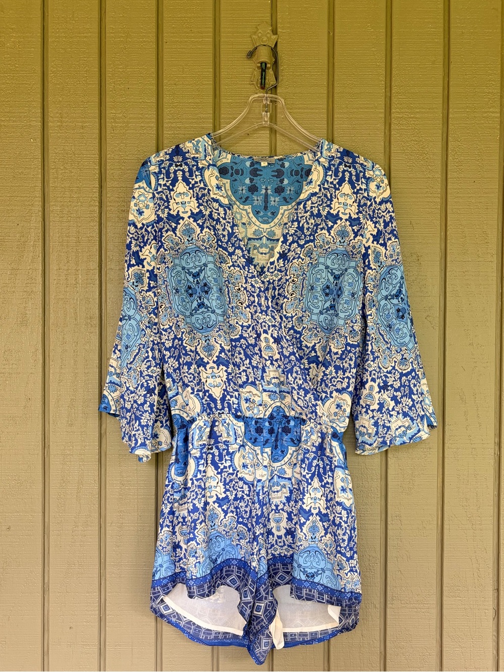 Abbeline Blue Paisley Boho Bell Sleeve Romper - Medium - Pull On